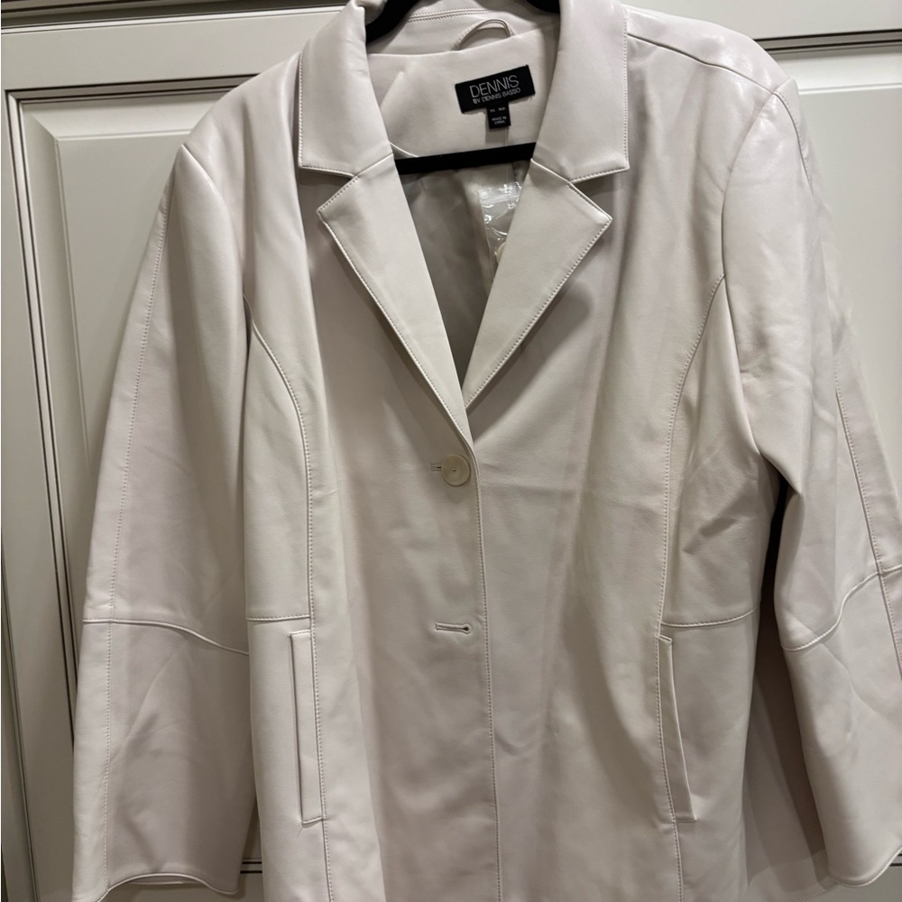 dennis basso Cream faux Leather Single-Button Blazer. Machine washable!